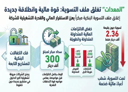 ‮‬المعدات‮‬‭ ‬تُغلق‭ ‬ملف‭ ‬التسوية‭ ‬البنكية‭ ‬مبكراً‭ ‬وتُعزز‭ ‬مركزها‭ ‬المالي‭ ‬بخفض‭ ‬الالتزامات